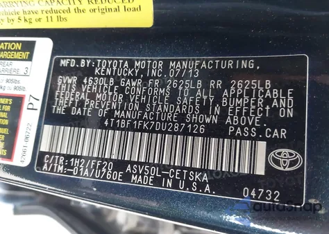 2013 Toyota Camry Se from USA, damaged, VIN 4T1BF1FK7DU287126